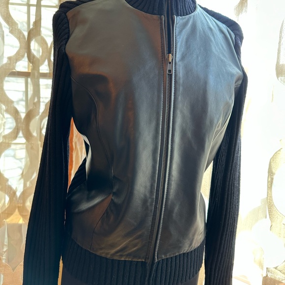 Leather, knit sweater in black by Preswick & Moore - Picture 1 of 5